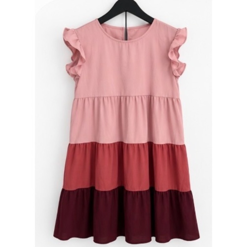 SHEIN Women Pink Colorblock Tiered Ruffle Sleeve Mini Babydoll Dress Size M 6